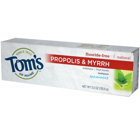 無氟化物, 牙膏: Tom's of Maine, Propolis & Myrrh, Fluoride-Free Toothpaste, Spearmint, 5.5 oz (155.9 g)