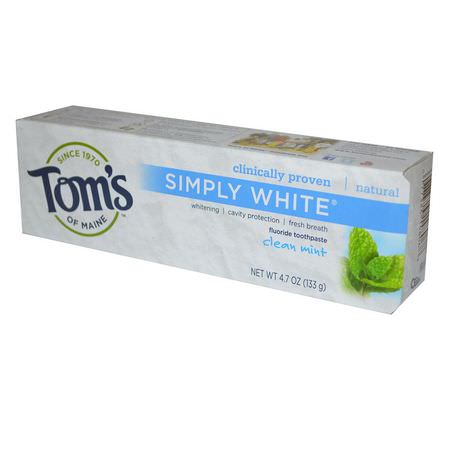 美白, 牙膏: Tom's of Maine, Simply White, Fluoride Toothpaste, Clean Mint, 4.7 oz (133 g)