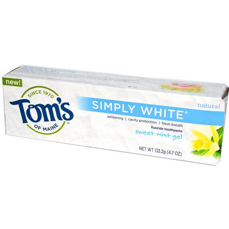 美白, 牙膏: Tom's of Maine, Simply White, Fluoride Toothpaste, Sweet Mint Gel, 4.7 oz (133.2 g)