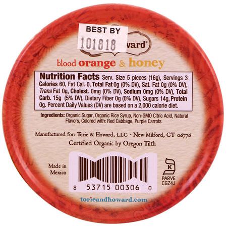糖果, 巧克力: Torie & Howard, Organic, Hard Candy, Blood Orange & Honey, 2 oz (57 g)