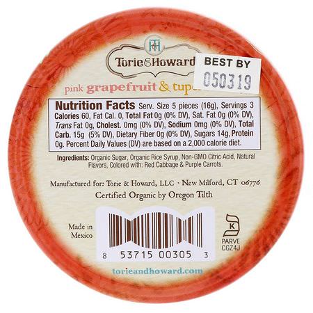 糖果, 巧克力: Torie & Howard, Organic, Hard Candy, Pink Grapefruit & Tupelo Honey, 2 oz (57 g)