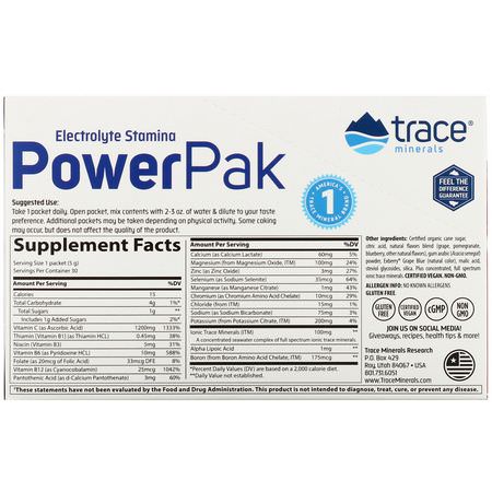 電解質, 水合: Trace Minerals Research, Electrolyte Stamina, PowerPak, Pomegranate Blueberry, 1200 mg, 30 Packets, 0.18 oz (5 g) Each