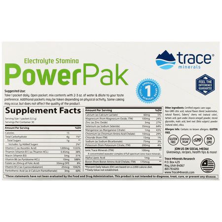 維生素C, 維生素: Trace Minerals Research, Electrolyte Stamina, Power Pak, Watermelon Effervescent, 30 Packets, 0.19 oz (5.5 g) Each