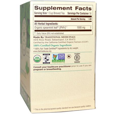 草藥茶: Traditional Medicinals, Herbal Teas, Organic Spearmint, Naturally Caffeine Free, 16 Wrapped Tea Bags, .85 oz (24 g)