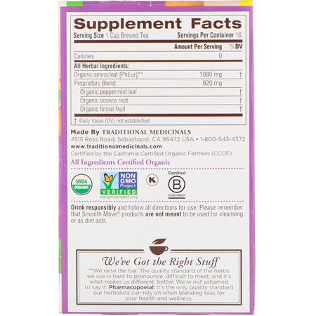 薄荷茶, 藥用茶: Traditional Medicinals, Laxative Teas, Organic Smooth Move, Peppermint, Caffeine Free, 16 Wrapped Tea Bags, 1.13 oz (32 g)