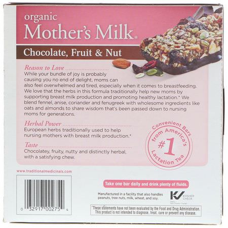 零食, 哺乳期支持: Traditional Medicinals, Mother's Milk, Chocolate, Fruit, & Nut, 6 Individually Wrapped Bars, 7.2 oz (204 g)