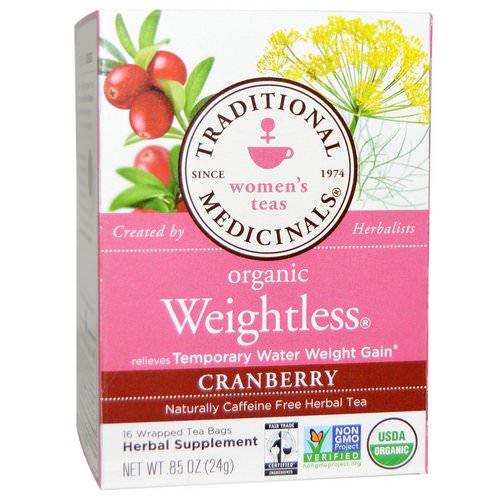 Traditional Medicinals, Women's Teas, Organic Weightless, Naturally Caffeine Free Herbal Tea, Cranberry, 16 Wrapped Tea Bags, .85 oz (24 g) Review