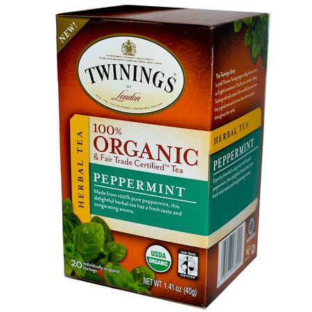 薄荷茶, 涼茶: Twinings, 100% Organic Herbal Tea, Peppermint, 20 Tea Bags, 1.41 oz (40 g)