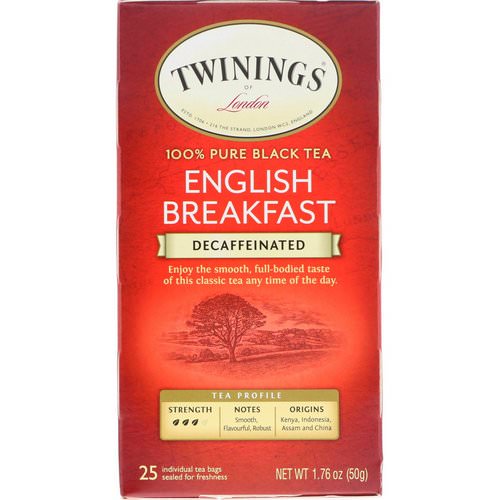 Twinings, 100% Pure Black Tea, English Breakfast, Decaffeinated, 25 Tea Bags, 1.76 oz (50 g) Review