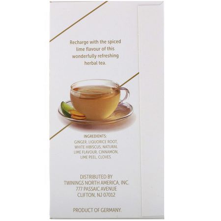 薑茶, 涼茶: Twinings, Support Herbal Tea, White Hibiscus, Lime & Ginger, Caffeine Free, 18 Tea Bags, 0.95 oz (27 g)