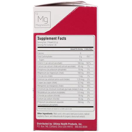 電解質, 水合: Ultima Replenisher, Electrolyte Supplement, Raspberry, 20 Packets, 0.11 oz (3.2 g) Each