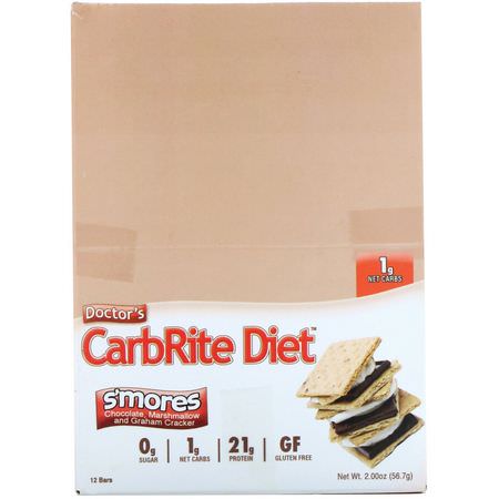 乳清蛋白棒, 大豆蛋白棒: Universal Nutrition, Doctor's CarbRite Diet Bar, Sugar Free, Smores, 12 Bars, 2.00 oz (56.7 g) Each