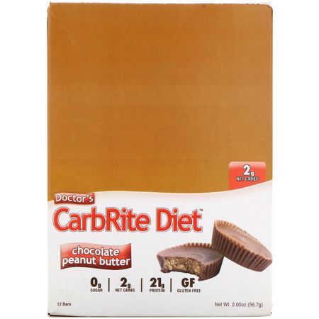 乳清蛋白棒, 大豆蛋白棒: Universal Nutrition, Doctor's CarbRite Diet, Chocolate Peanut Butter, 12 Bars, 2.00 oz (56.7 g) Each