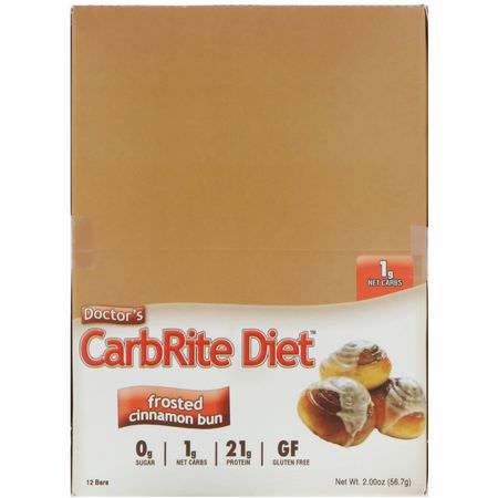乳清蛋白棒, 大豆蛋白棒: Universal Nutrition, Doctor's CarbRite Diet, Frosted Cinnamon Bun, 12 Bars, 2.00 oz (56.7 g) Each