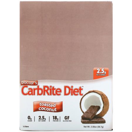 乳清蛋白棒, 大豆蛋白棒: Universal Nutrition, Doctor's CarbRite Diet, Toasted Coconut, 12 Bars, 2.0 oz (56.7 g) Each