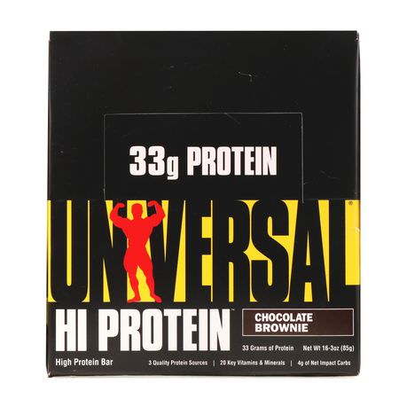 乳清蛋白棒, 大豆蛋白棒: Universal Nutrition, Hi Protein Bar, Chocolate Brownie, 16 Bars, 3 oz (85 g) Each