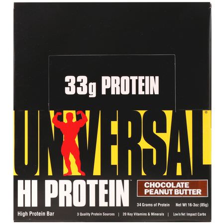 乳清蛋白棒, 大豆蛋白棒: Universal Nutrition, HiProtein Bar, Chocolate Peanut Butter, 16 Bars, 3 oz (85 g) Each