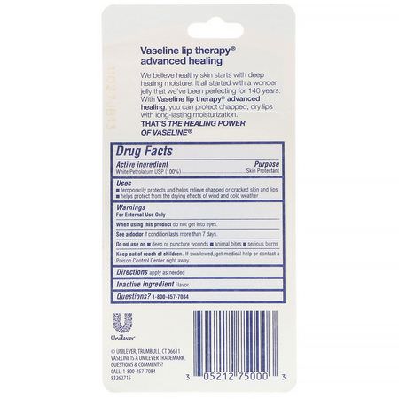 含藥, 潤唇膏: Vaseline, Lip Therapy, Advanced Healing Skin Protectant, 0.35 oz (10 g)