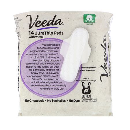 一次性護墊, 女性護墊: Veeda, Natural Cotton Pads with Wings, Ultra Thin, 14 Pads