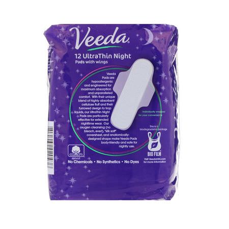 一次性墊, 女性護墊: Veeda, Natural Cotton Pads with Wings, Ultra Thin, Night, 12 Pads