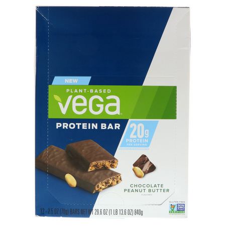 基於植物的蛋白質棒, 蛋白棒: Vega, Protein Bar, Chocolate Peanut Butter, 12 Bars, 2.5 oz (70 g) Each