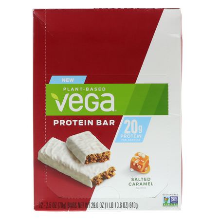 基於植物的蛋白質棒, 蛋白質棒: Vega, Protein Bar, Salted Caramel, 12 Bars, 2.5 oz (70 g) Each