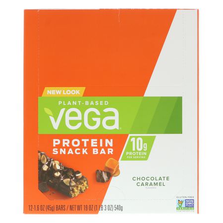 基於植物的蛋白質棒, 蛋白棒: Vega, Snack Bar, Chocolate Caramel, 12 Bars, 1.6 oz (45 g) Each