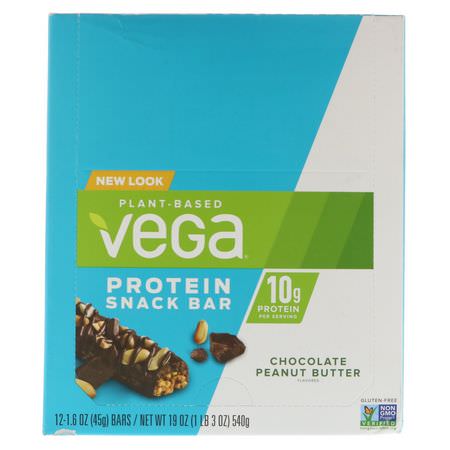 小吃店, 植物性蛋白棒: Vega, Snack Bar, Chocolate Peanut Butter, 12 Bars, 1.6 oz (45 g) Each