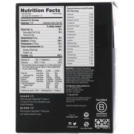 植物性, 植物性蛋白: Vega, Protein, Chocolate, 12 Pack, 1.6 oz (44 g) Each