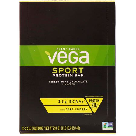 基於植物的蛋白質棒, 蛋白棒: Vega, Sport, Protein Bar, Crispy Mint Chocolate, 12 Bars, 2.5 oz (70 g) Each