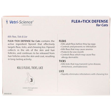 蝨子防禦, 跳蚤: Vetri-Science, Flea + Tick Defense for Cats 8 Weeks or Older, 3 Applicators, 0.017 fl oz Each