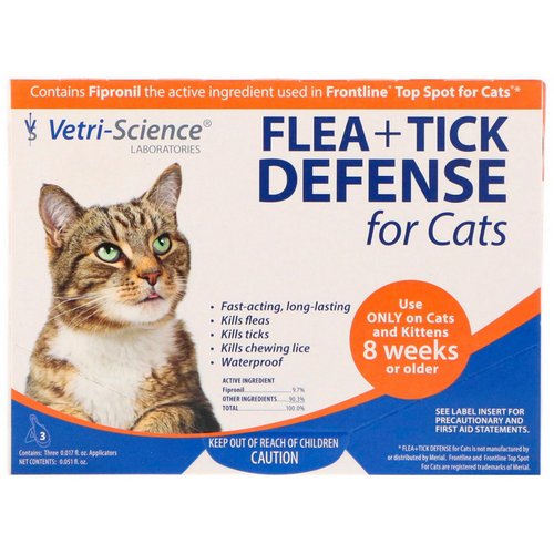 Vetri-Science, Flea + Tick Defense for Cats 8 Weeks or Older, 3 Applicators, 0.017 fl oz Each Review