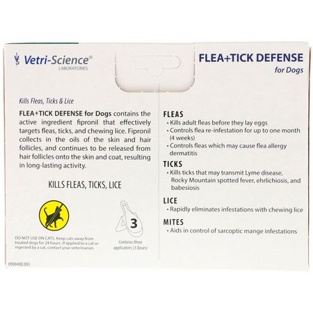 蝨子防禦, 跳蚤: Vetri-Science, Flea + Tick Defense for Dogs 45-88 lbs, 3 Applicators, 0.091 fl oz Each