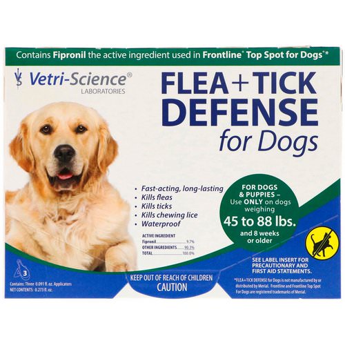 Vetri-Science, Flea + Tick Defense for Dogs 45-88 lbs, 3 Applicators, 0.091 fl oz Each Review