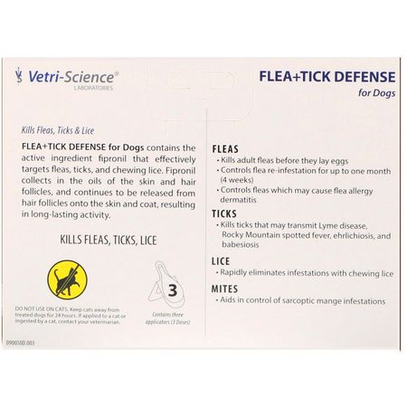 蝨子防禦, 跳蚤: Vetri-Science, Flea + Tick Defense for Dogs 89-132 lbs, 3 Applicators, 0.136 fl oz Each