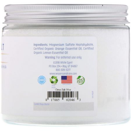 礦物質浴, 油: White Egret Personal Care, Epsom Salt, Citrus, 16 oz (454 g)