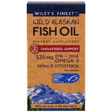 血液支持, Omega-3魚油: Wiley's Finest, Wild Alaskan Fish Oil, Cholesterol Support, 90 Softgels