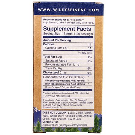 Omega-3魚油, EPA DHA: Wiley's Finest, Wild Alaskan Fish Oil, Peak EPA, 1250 mg, 120 Fish Softgels