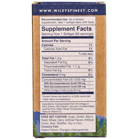 Omega-3魚油, EPA DHA: Wiley's Finest, Wild Alaskan Fish Oil, Peak EPA, 1250 mg, 30 Fish Softgels