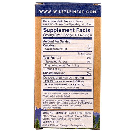 Omega-3魚油, EPA DHA: Wiley's Finest, Wild Alaskan Fish Oil, Peak EPA, 1250 mg, 60 Fish Softgels