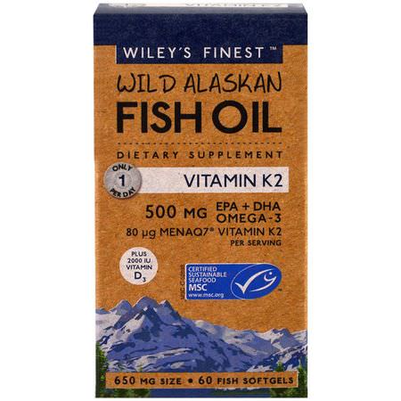 Omega-3魚油, EPA DHA: Wiley's Finest, Wild Alaskan Fish Oil, Vitamin K2, 60 Fish Oil Softgels