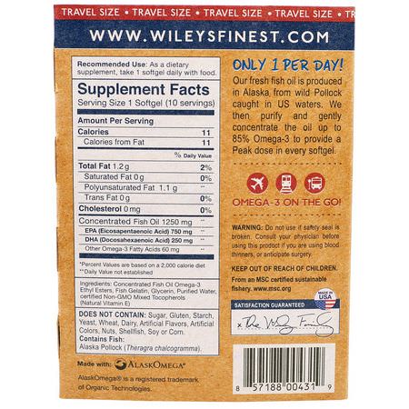 鮭魚油, 歐米茄EPA DHA: Wiley's Finest, Wiley's Finest, Wild Alaskan Fish Oil, Peak EPA, 1250 mg, 10 Fish Softgels
