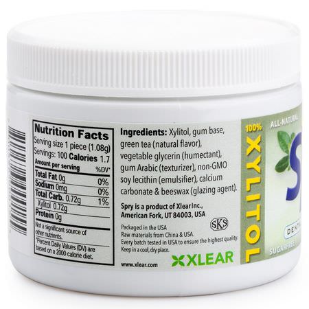 口香糖, 錠劑: Xlear, Spry, Chewing Gum, Green Tea, Sugar-Free, 100 Count, (108 g)