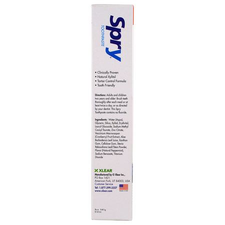 無氟化物, 牙膏: Xlear, Spry Toothpaste, Anti-Plaque Tartar Control, Fluoride Free, Natural Peppermint, 5 oz (141 g)
