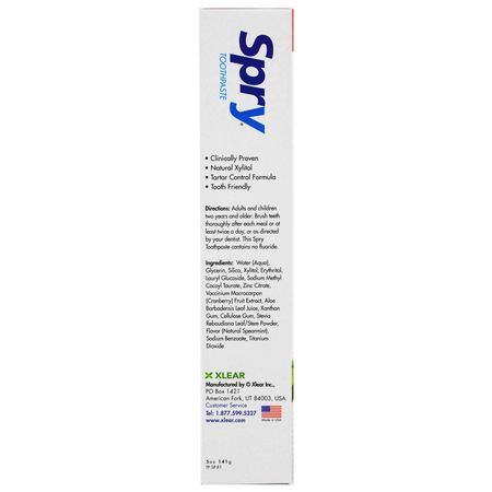 無氟化物, 牙膏: Xlear, Spry Toothpaste, Anti-Plaque Tartar Control, Fluoride Free, Natural Spearmint, 5 oz (141 g)