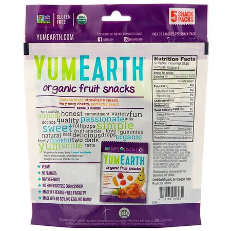 糖果, 巧克力: YumEarth, Organic Fruit Snacks, 5 Packs, 0.7 oz (19.8 g) Each