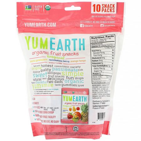 蔬菜小吃, 水果: YumEarth, Organic Fruit Snacks, Tropical, 10 Packs, 0.62 oz (17.6 g) Each
