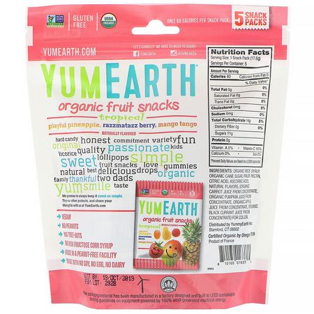 蔬菜小吃, 水果: YumEarth, Organic Fruit Snacks, Tropical, 5 Packs, 0.62 oz (17.6 g) Each