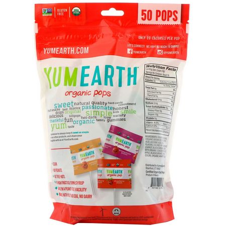 糖果, 巧克力: YumEarth, Organic Pops, Assorted Flavors, 50 Pops, 12.3 oz (348.7 g)
