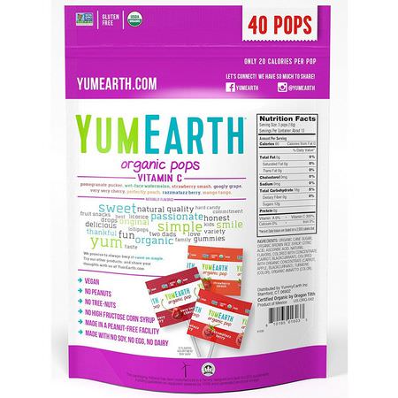 糖果, 巧克力: YumEarth, Organic Pops, Vitamin C, Assorted Flavors, 40 Pops, 8.5 oz (241 g)